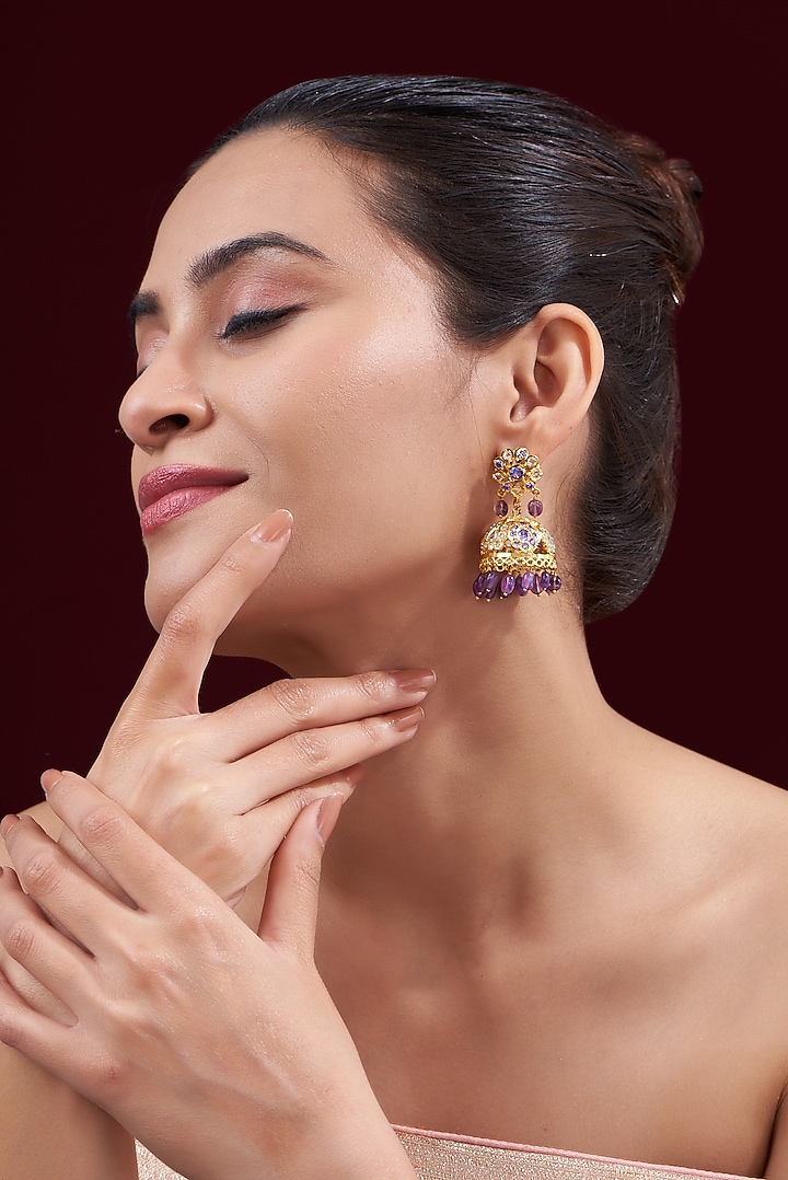 Gold Finish Kundan Polki Purple Stone Jhumka Earrings by VASTRAA  Jewellery at Pernia's Pop Up Shop
