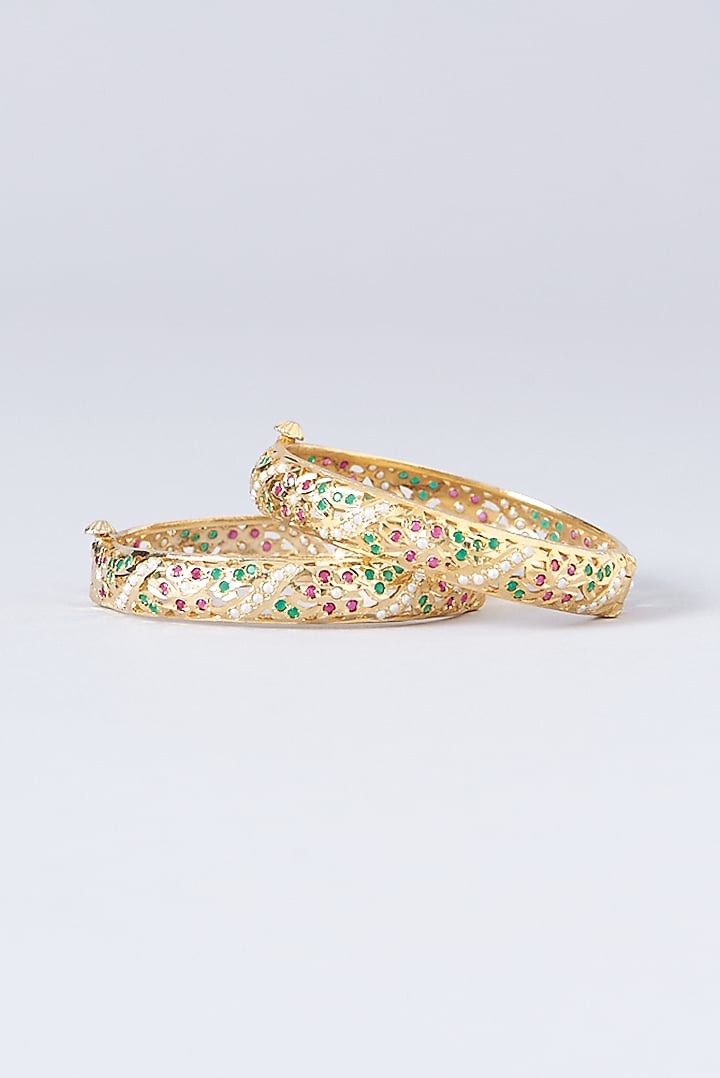 Gold Finish Multi-Colored Stone Enamelled Bangles (Set of 2) by VASTRAA Jewellery at Pernia's Pop Up Shop