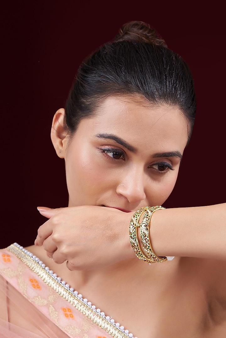 Gold Finish Multi-Colored Stone Enamelled Bangles (Set of 2) by VASTRAA Jewellery at Pernia's Pop Up Shop
