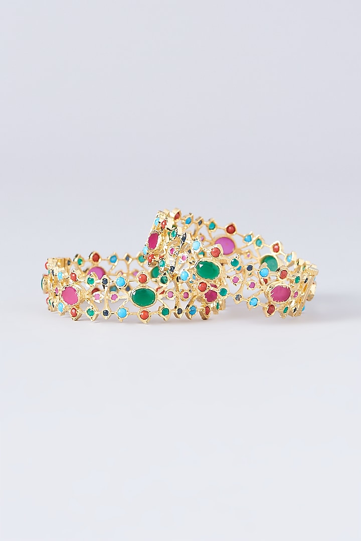 Gold Finish Multi-Colored Stone Enamelled Bangles (Set of 2) by VASTRAA Jewellery at Pernia's Pop Up Shop