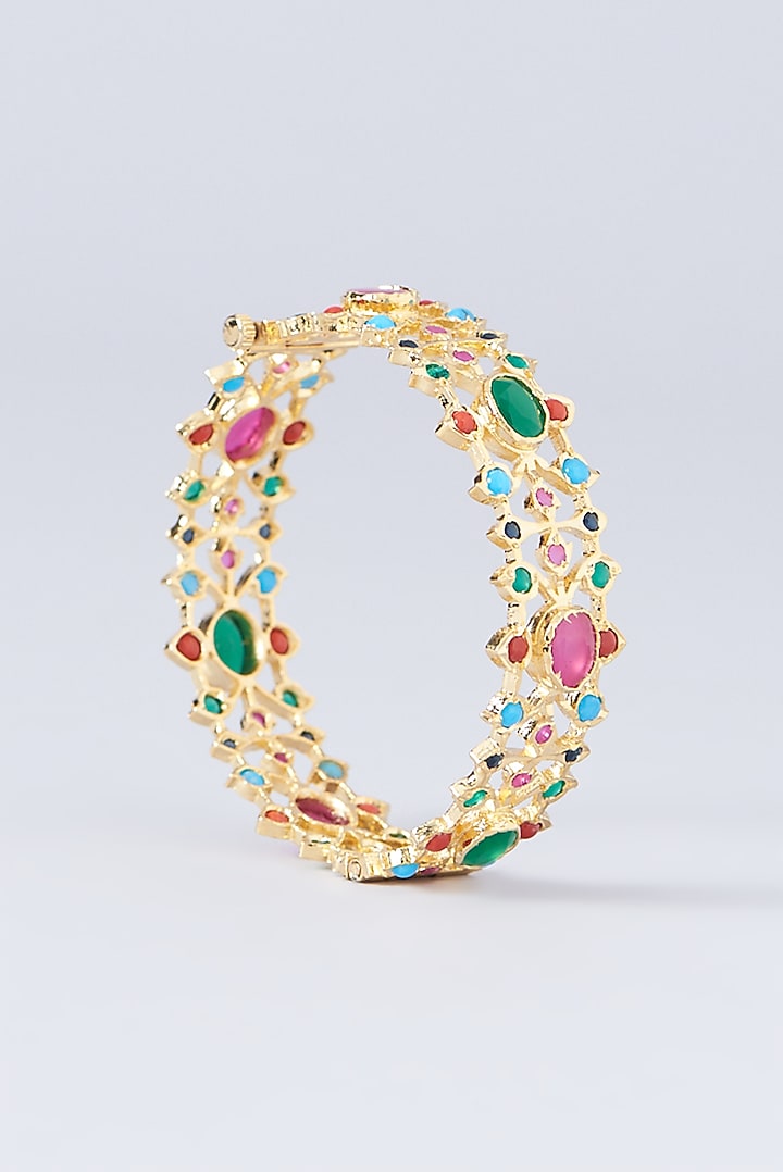 Gold Finish Multi-Colored Stone Enamelled Bangles (Set of 2) by VASTRAA Jewellery at Pernia's Pop Up Shop