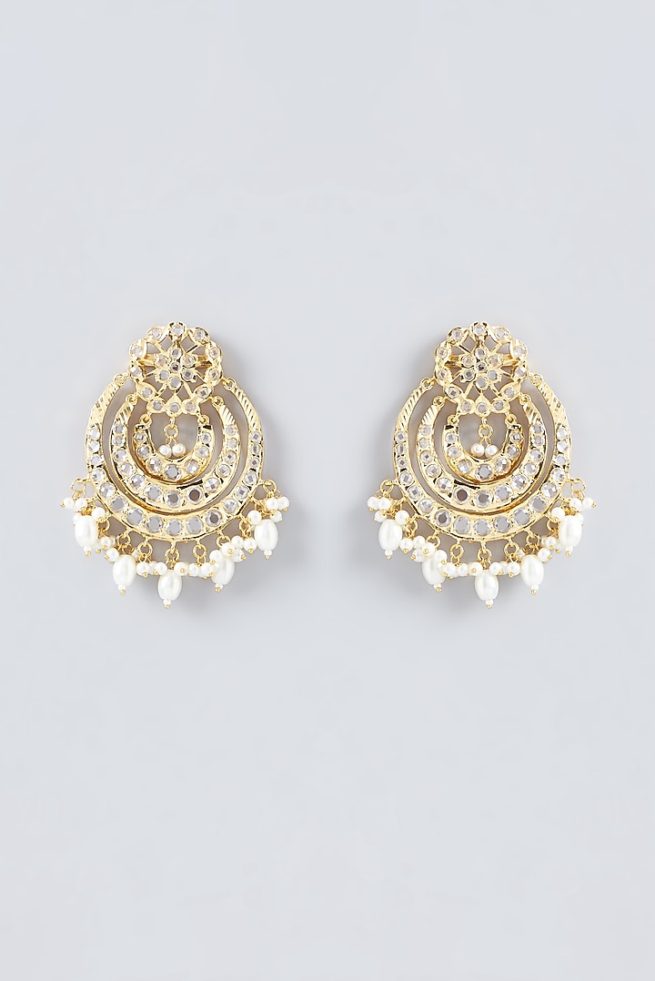 Gold Finish Kundan Polki & Pearl Chandbali Earrings by VASTRAA Jewellery at Pernia's Pop Up Shop