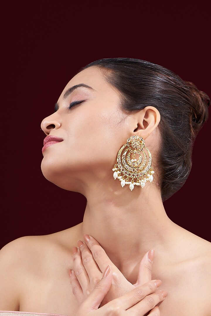 Gold Finish Kundan Polki & Pearl Chandbali Earrings by VASTRAA Jewellery at Pernia's Pop Up Shop
