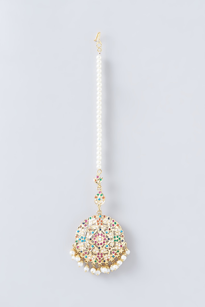 Gold Finish Kundan Polki & Pearl Maangtikka by VASTRAA Jewellery at Pernia's Pop Up Shop