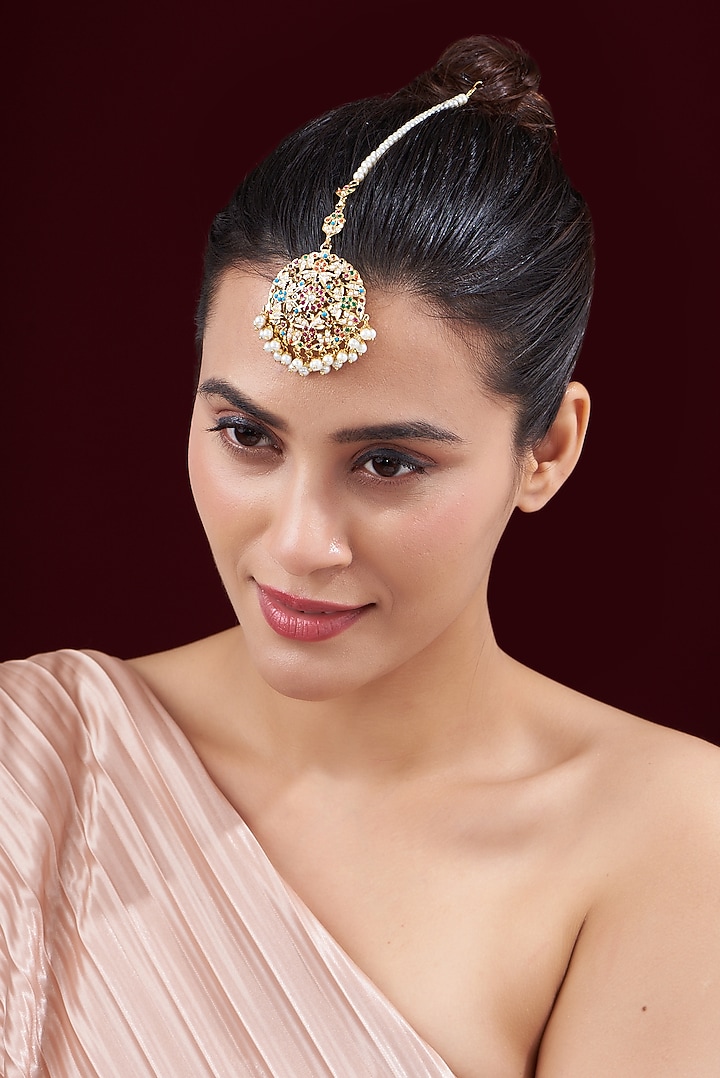 Gold Finish Kundan Polki & Pearl Maangtikka by VASTRAA Jewellery at Pernia's Pop Up Shop