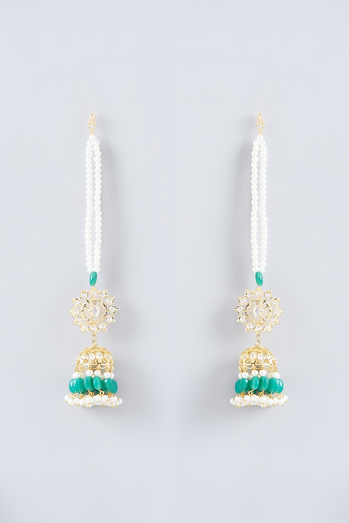 Gold Finish Kundan Polki & Emerald Synthetic Stone Dangler Earrings by VASTRAA Jewellery at Pernia's Pop Up Shop