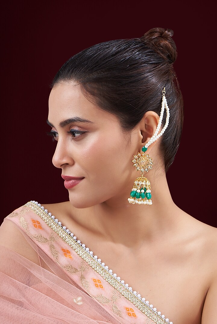 Gold Finish Kundan Polki & Emerald Synthetic Stone Dangler Earrings by VASTRAA Jewellery at Pernia's Pop Up Shop