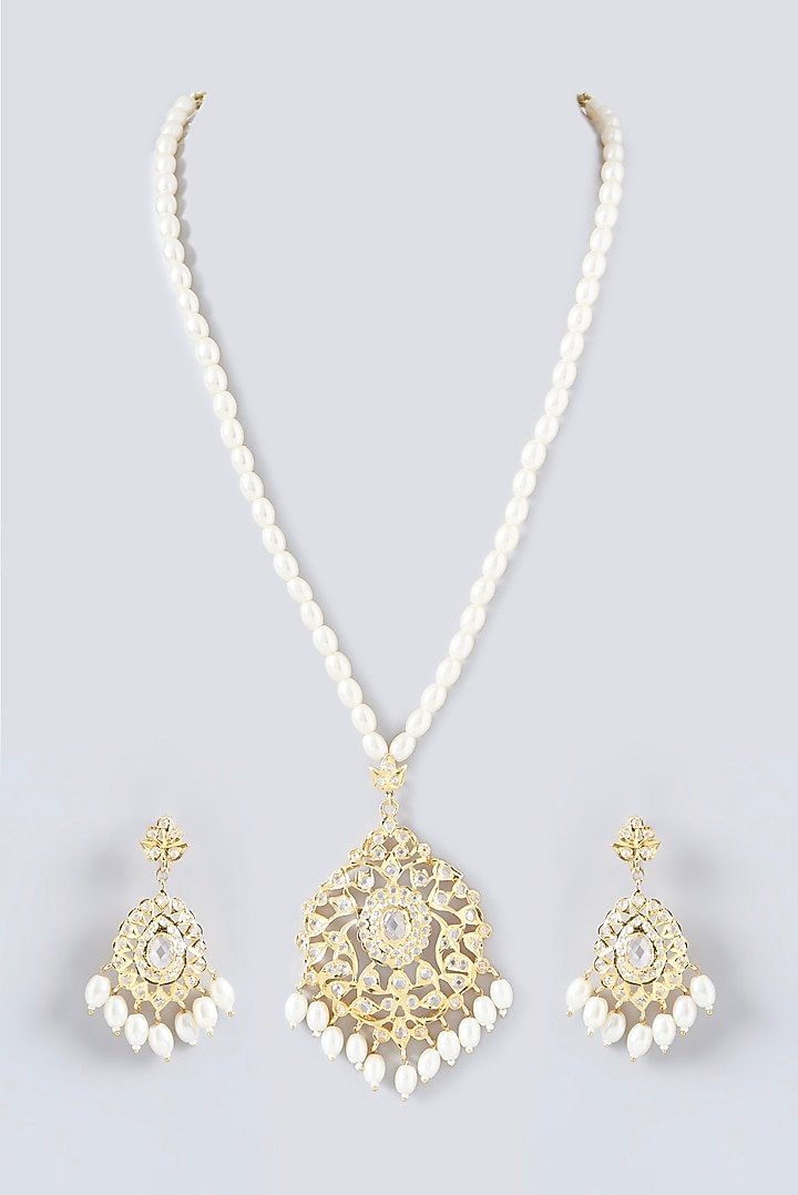 Gold Finish Kundan Polki & Pearl Long Necklace Set by VASTRAA Jewellery at Pernia's Pop Up Shop