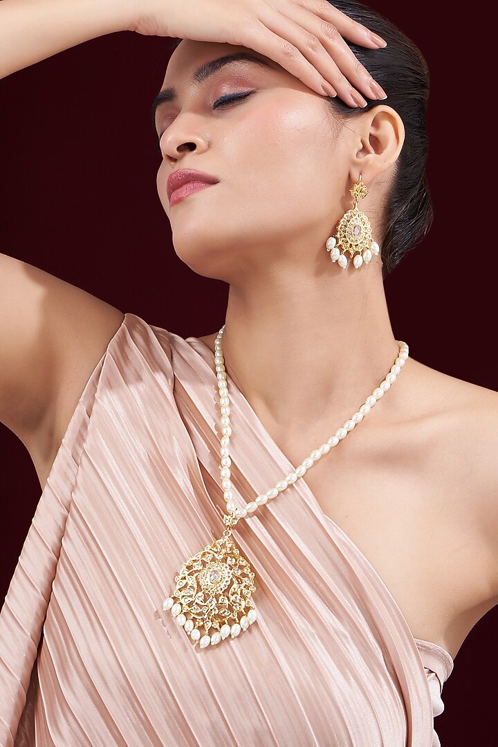 Gold Finish Kundan Polki & Pearl Long Necklace Set by VASTRAA Jewellery at Pernia's Pop Up Shop