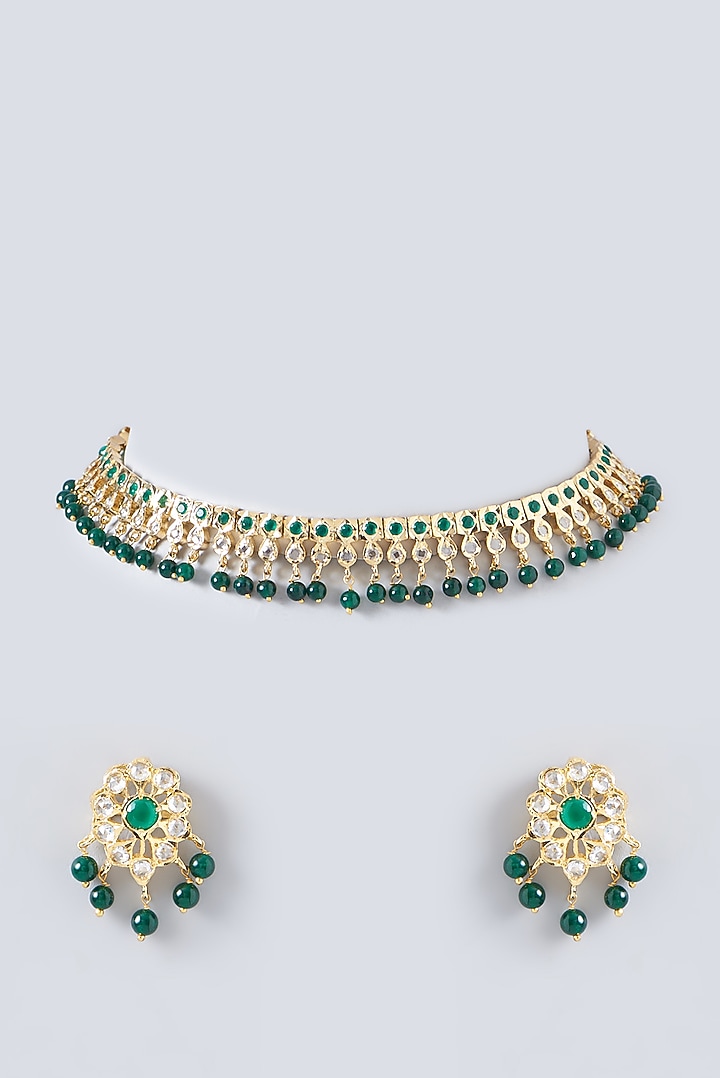 Gold Finish Kundan Polki & Green Beaded Necklace Set by VASTRAA Jewellery at Pernia's Pop Up Shop