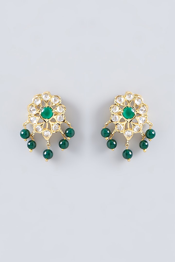 Gold Finish Kundan Polki & Green Beaded Necklace Set by VASTRAA Jewellery at Pernia's Pop Up Shop