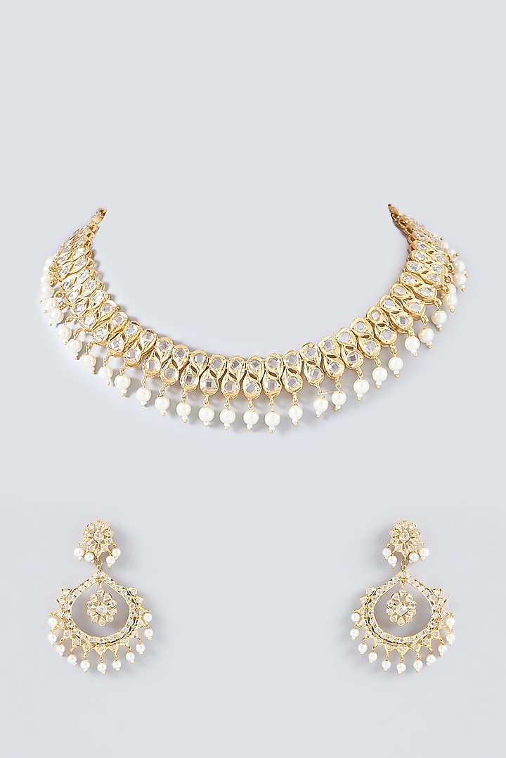 Gold Finish Kundan Polki & Pearl Necklace Set by VASTRAA Jewellery at Pernia's Pop Up Shop