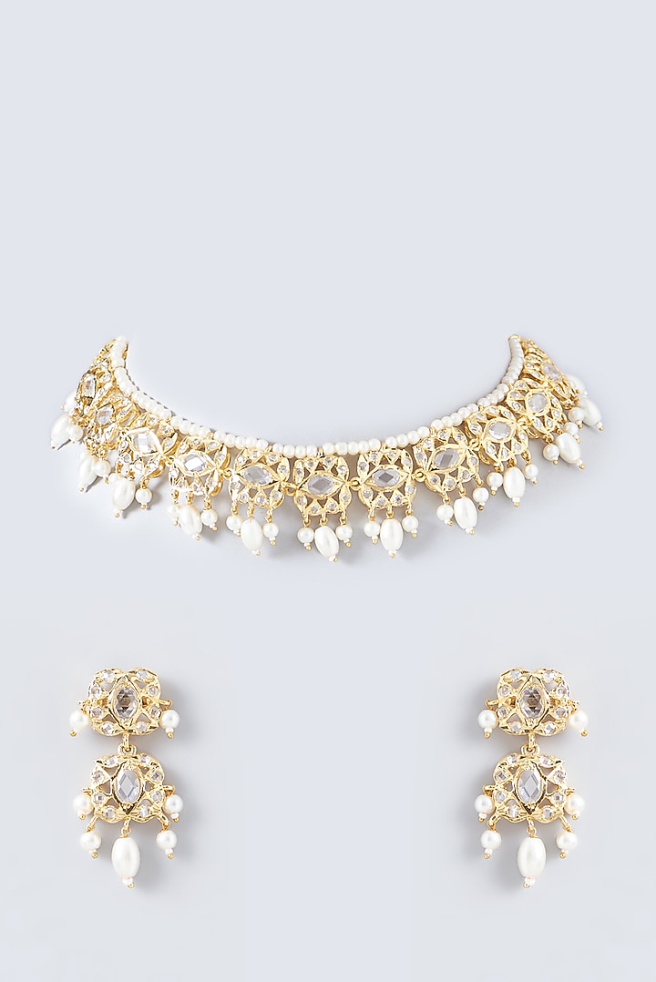 Gold Finish Kundan Polki & Pearl Choker Necklace Set by VASTRAA Jewellery at Pernia's Pop Up Shop