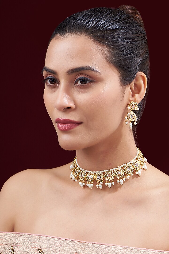 Gold Finish Kundan Polki & Pearl Choker Necklace Set by VASTRAA Jewellery at Pernia's Pop Up Shop