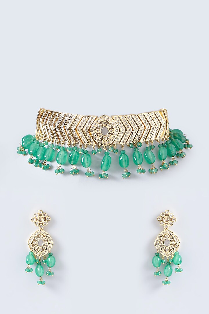 Gold Finish Kundan Polki & Green Beaded Choker Necklace Set by VASTRAA Jewellery at Pernia's Pop Up Shop