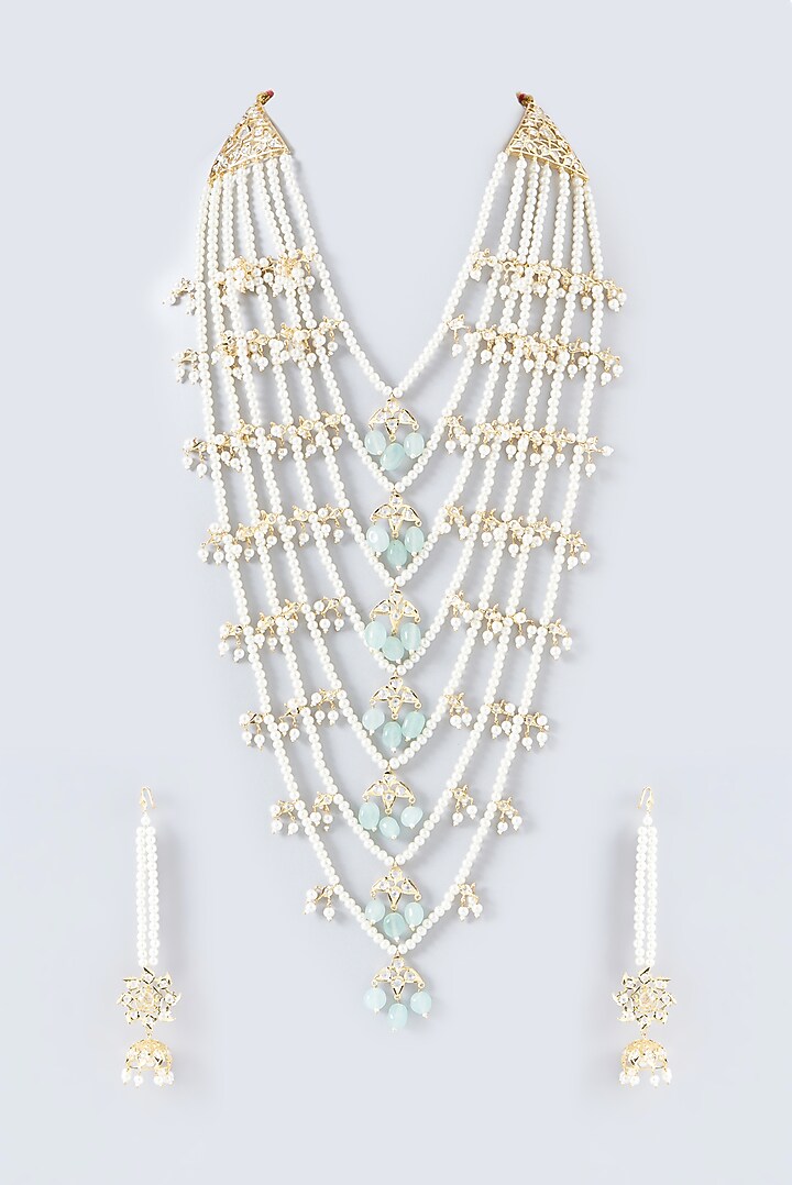 Gold Finish Kundan Polki & Pearl Long Necklace Set by VASTRAA Jewellery at Pernia's Pop Up Shop