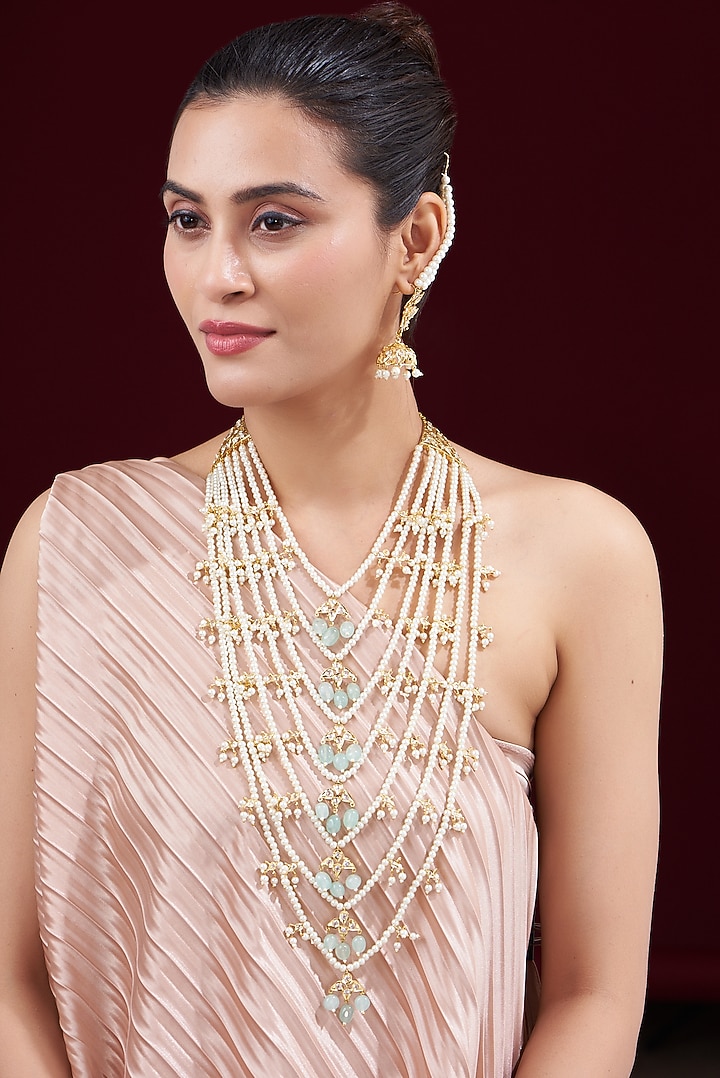 Gold Finish Kundan Polki & Pearl Long Necklace Set by VASTRAA Jewellery at Pernia's Pop Up Shop