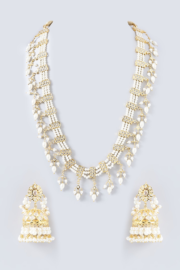 Gold Finish Kundan Polki & Pearl Long Necklace Set by VASTRAA Jewellery at Pernia's Pop Up Shop