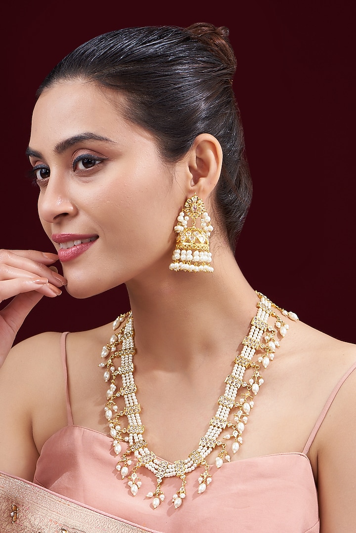 Gold Finish Kundan Polki & Pearl Long Necklace Set by VASTRAA Jewellery at Pernia's Pop Up Shop
