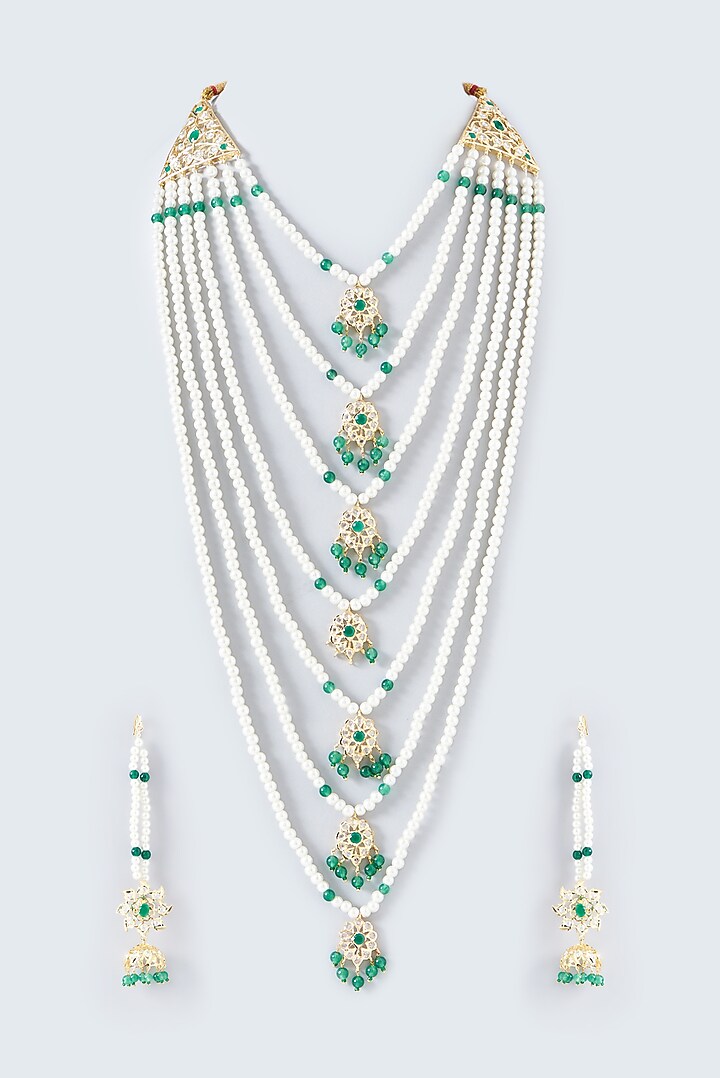 Gold Finish Kundan Polki & Emerald Stone Long Necklace Set by VASTRAA Jewellery at Pernia's Pop Up Shop
