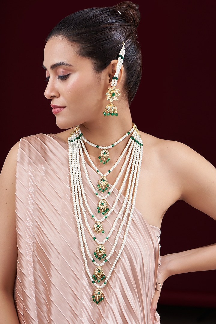 Gold Finish Kundan Polki & Emerald Stone Long Necklace Set by VASTRAA Jewellery at Pernia's Pop Up Shop