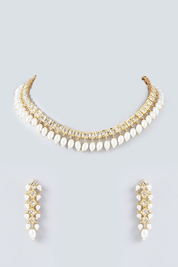 Gold Finish Kundan Polki & Pearl Necklace Set by VASTRAA Jewellery at Pernia's Pop Up Shop