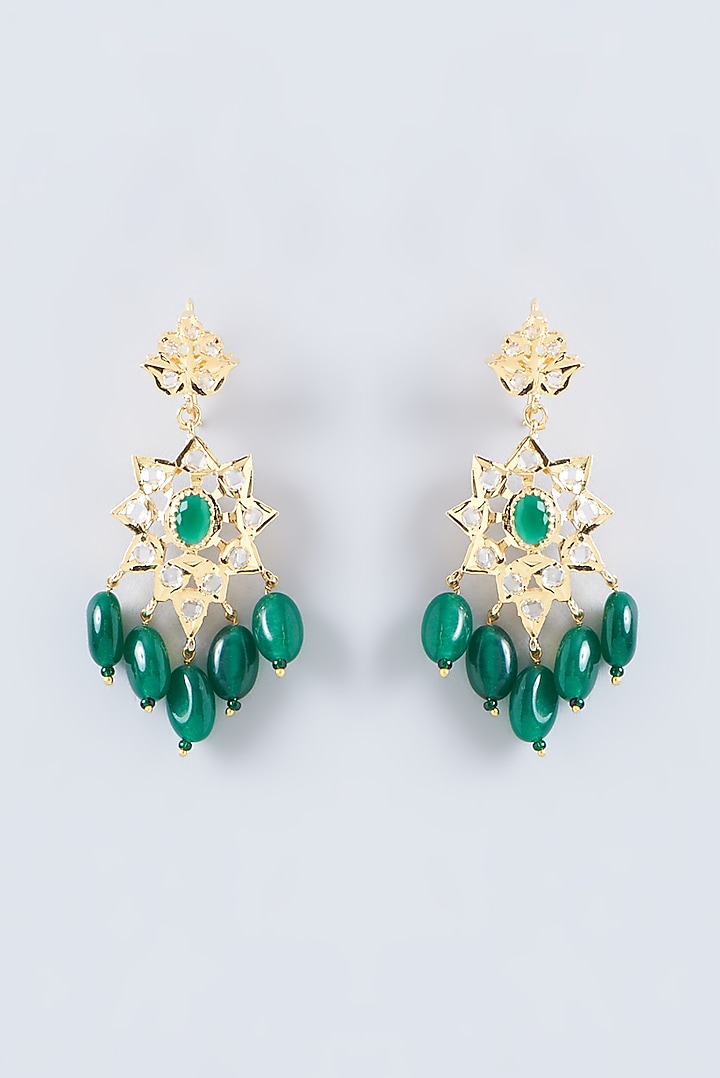 Gold Finish Kundan Polki & Green Beaded Choker Necklace Set by VASTRAA Jewellery at Pernia's Pop Up Shop