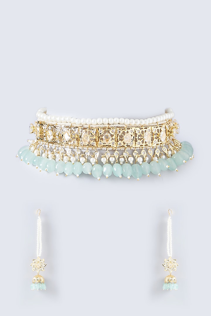 Gold Finish Kundan Polki & Aqua Beaded Choker Necklace Set by VASTRAA Jewellery at Pernia's Pop Up Shop