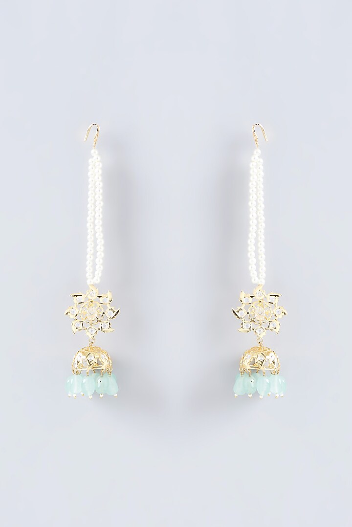 Gold Finish Kundan Polki & Aqua Beaded Choker Necklace Set by VASTRAA Jewellery at Pernia's Pop Up Shop