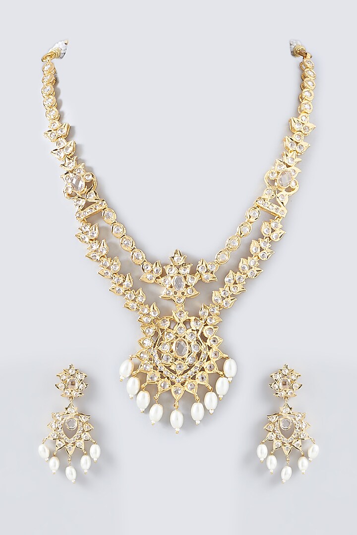 Gold Finish Kundan Polki & Pearl Necklace Set by VASTRAA Jewellery at Pernia's Pop Up Shop