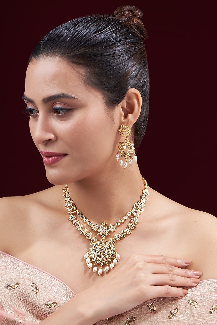 Gold Finish Kundan Polki & Pearl Necklace Set by VASTRAA Jewellery at Pernia's Pop Up Shop