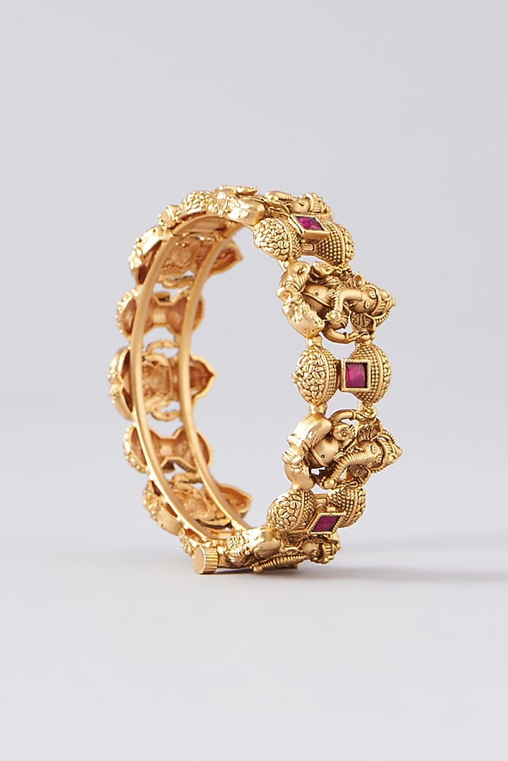 Gold Finish Red Stone Temple Bangles (Set of 2) by VASTRAA Jewellery at Pernia's Pop Up Shop