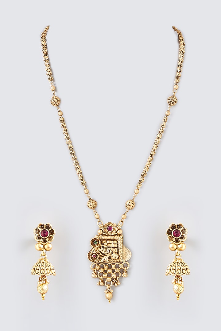 Gold Finish Kundan Polki Long Necklace Set by VASTRAA Jewellery at Pernia's Pop Up Shop
