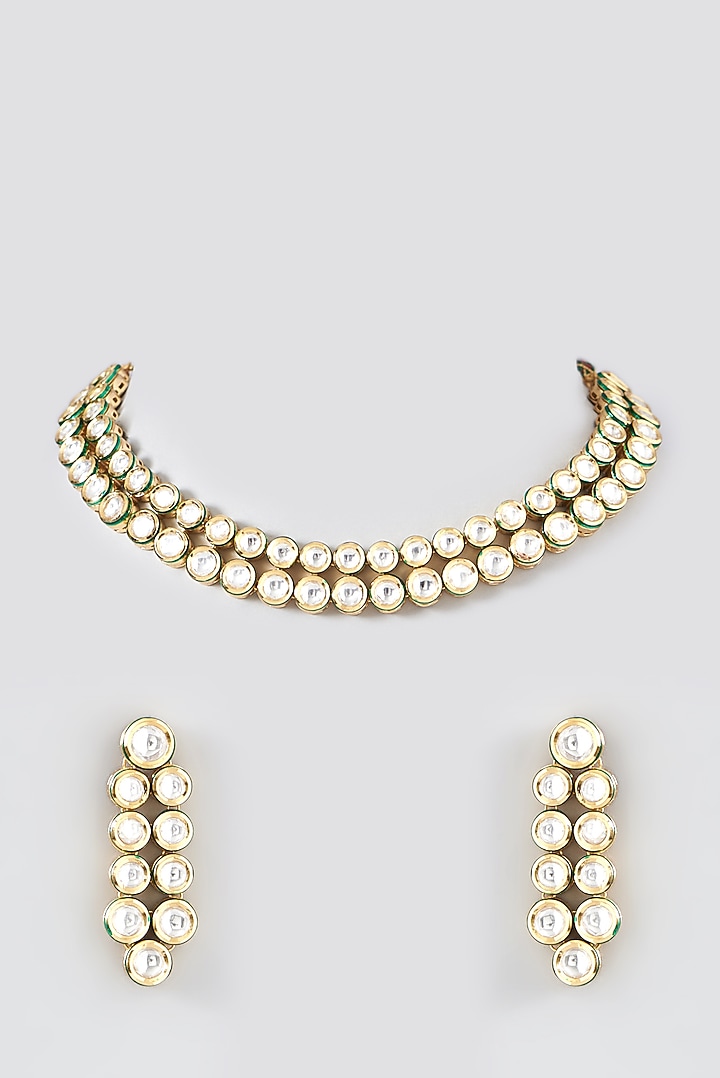 Gold Finish Kundan Polki Choker Necklace Set by VASTRAA Jewellery at Pernia's Pop Up Shop