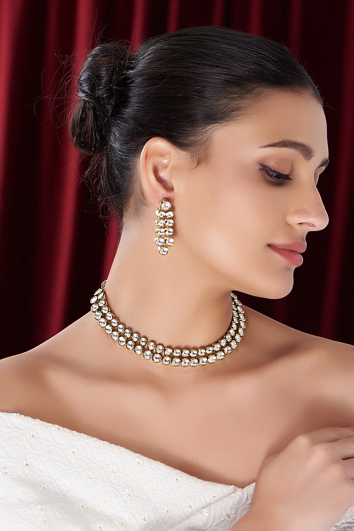 Gold Finish Kundan Polki Choker Necklace Set by VASTRAA Jewellery at Pernia's Pop Up Shop