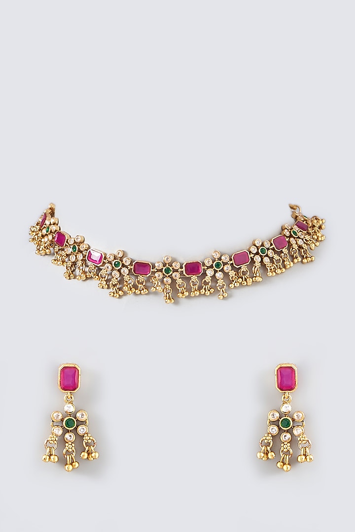Gold Finish Kundan Polki Choker Necklace Set by VASTRAA Jewellery at Pernia's Pop Up Shop