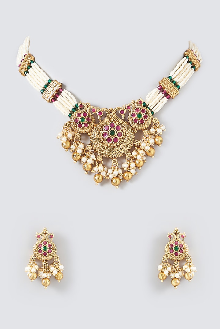 Gold Finish Kundan Polki Choker Necklace Set by VASTRAA Jewellery at Pernia's Pop Up Shop