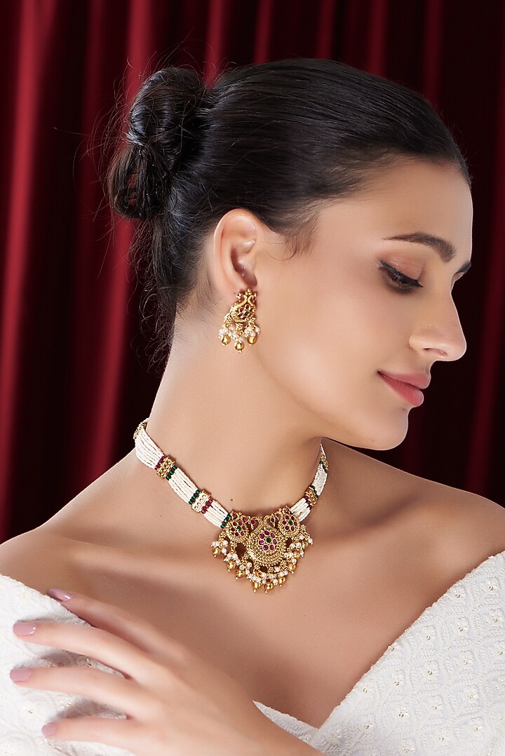 Gold Finish Kundan Polki Choker Necklace Set by VASTRAA Jewellery at Pernia's Pop Up Shop