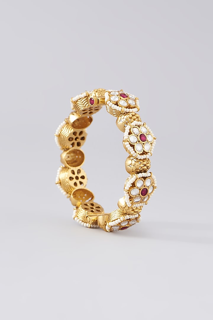 Gold Finish Kundan Polki & Red Synthetic Stone Bangles (Set Of 2) by VASTRAA Jewellery at Pernia's Pop Up Shop