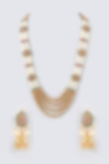 Gold Finish Kundan Polki & Pearl Temple Mala Set by VASTRAA Jewellery at Pernia's Pop Up Shop