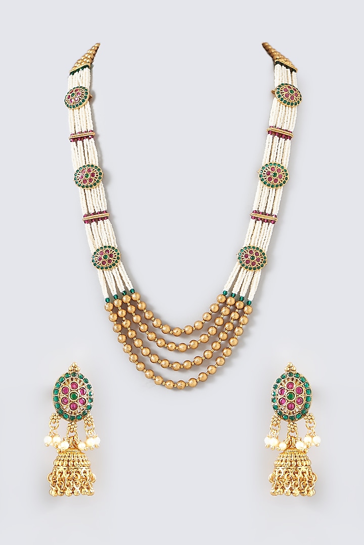 Gold Finish Kundan Polki & Pearl Temple Mala Set by VASTRAA Jewellery at Pernia's Pop Up Shop