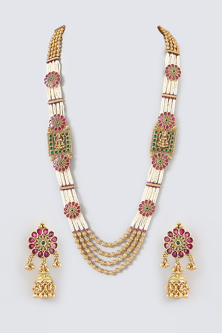Gold Finish Kundan Polki & Pearl Temple Mala Set by VASTRAA Jewellery at Pernia's Pop Up Shop