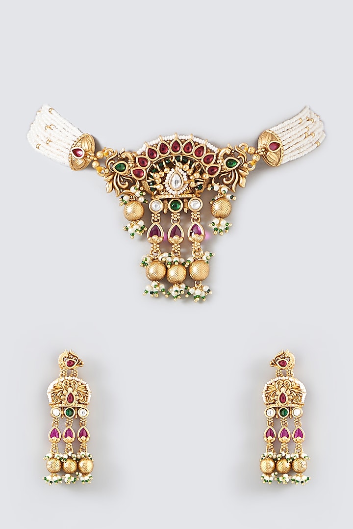 Kreart - Gold Finish Kundan Polki & Pearl String Long Designer Necklace Set for Women at Pernia's Pop-Up Shop