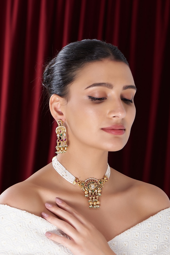 Gold Finish Kundan Polki & Pearl Choker Necklace Set by VASTRAA Jewellery at Pernia's Pop Up Shop