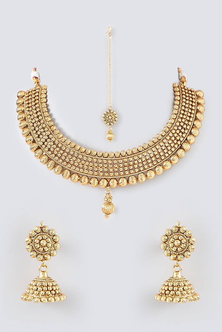 Gold Finish Kundan Polki Temple Choker Necklace Set by VASTRAA Jewellery at Pernia's Pop Up Shop