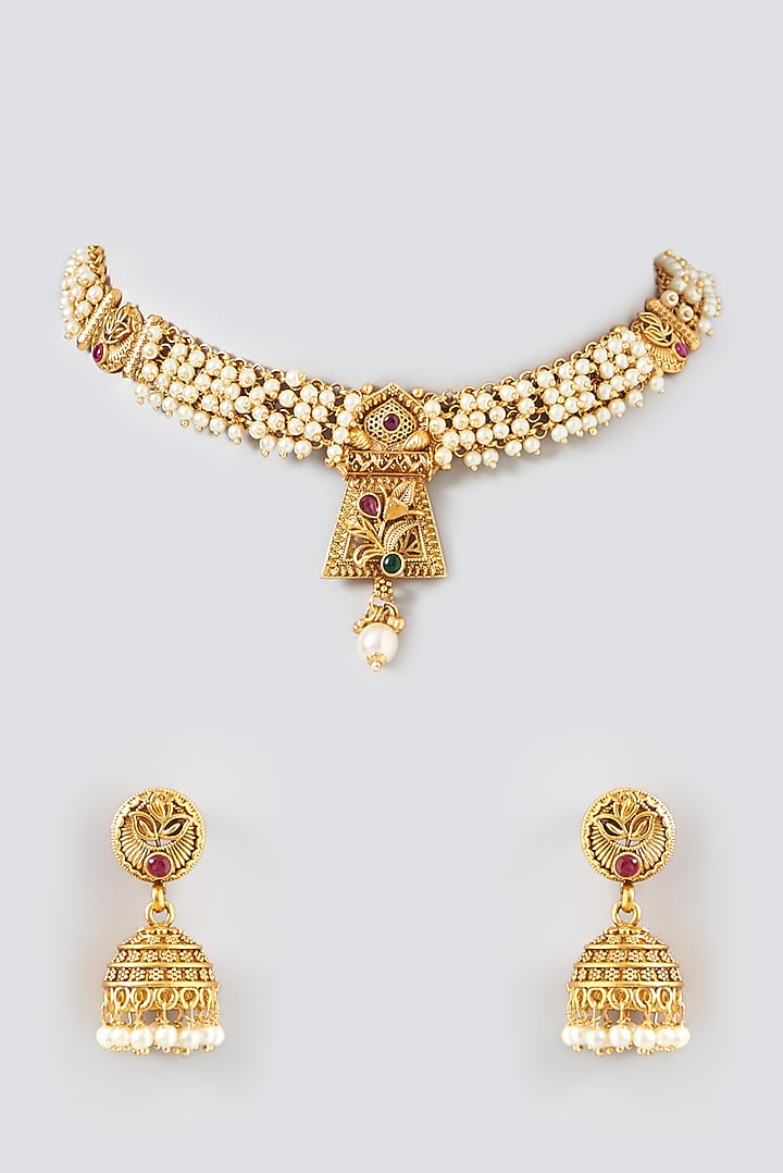 Gold Finish Pearl Choker Necklace Set by VASTRAA Jewellery at Pernia's Pop Up Shop