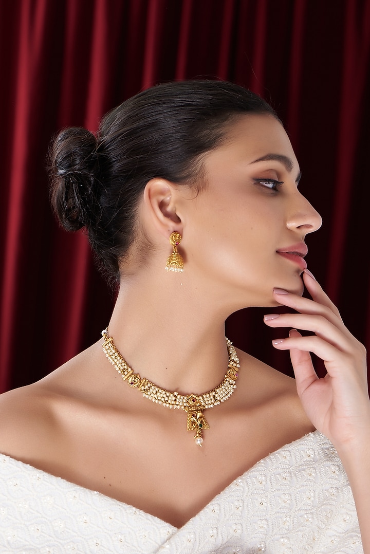 Gold Finish Pearl Choker Necklace Set by VASTRAA Jewellery at Pernia's Pop Up Shop