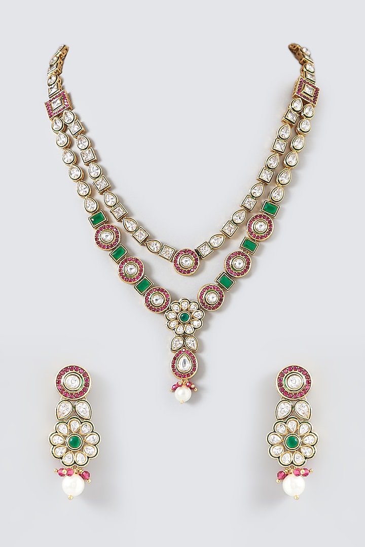 Gold Finish Kundan Polki Necklace Set by VASTRAA Jewellery at Pernia's Pop Up Shop