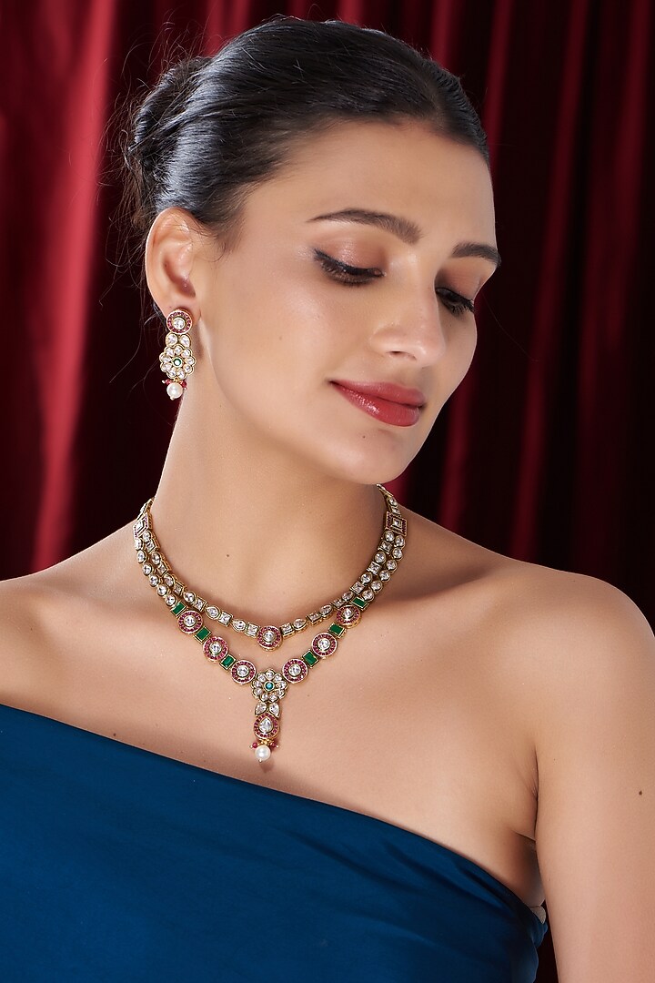 Gold Finish Kundan Polki Necklace Set by VASTRAA Jewellery at Pernia's Pop Up Shop