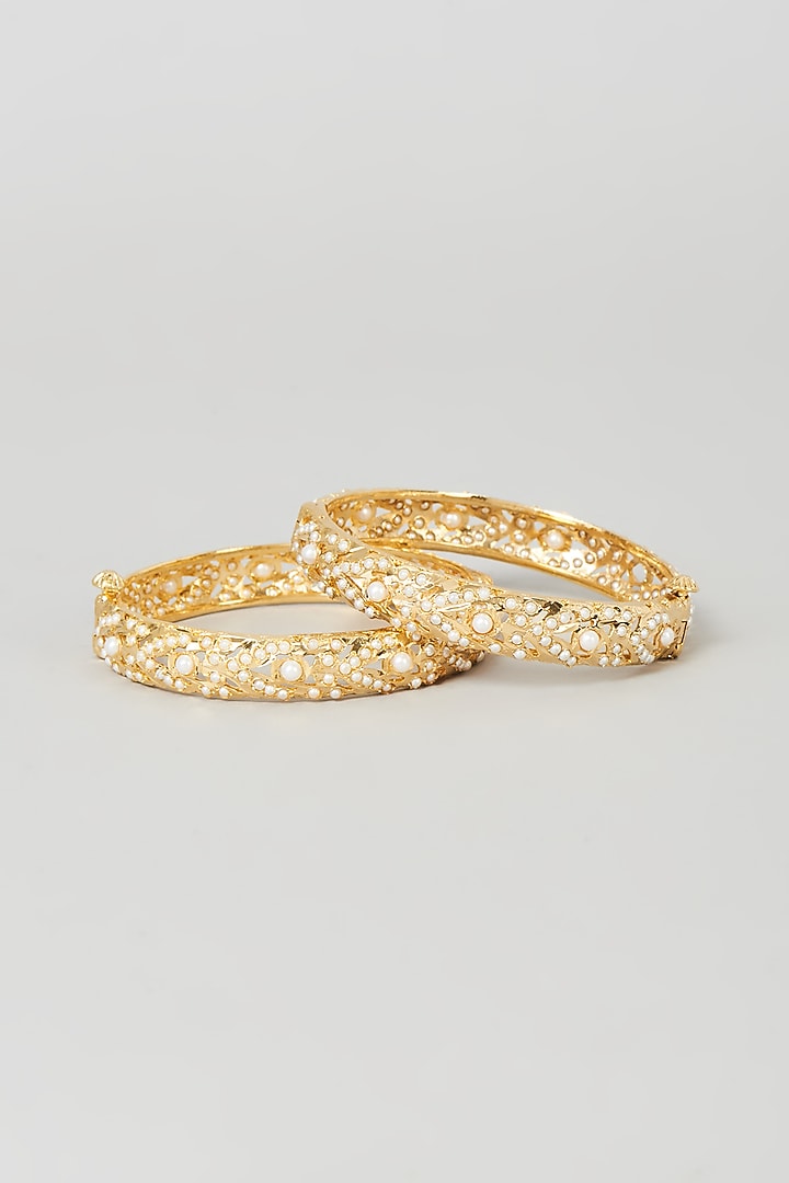 Gold Finish Pearl Bangles (Set of 2) by VASTRAA Jewellery at Pernia's Pop Up Shop